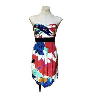 tibi New York Silk Floral Watercolor Cocktail Dress Strapless Pleated Fit +Flare